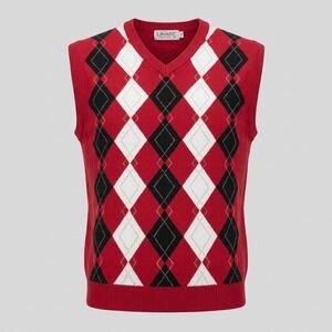 Lavane Mens XL Red Argyle Sweater Vest V-Neck Cotton Silk Blend Sleeveless